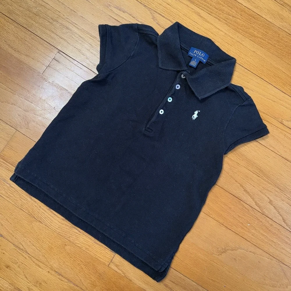 Polo‎ Ralph Lauren Preppy Girls Black Pique Short Sleeve Polo Size 6 White Pony